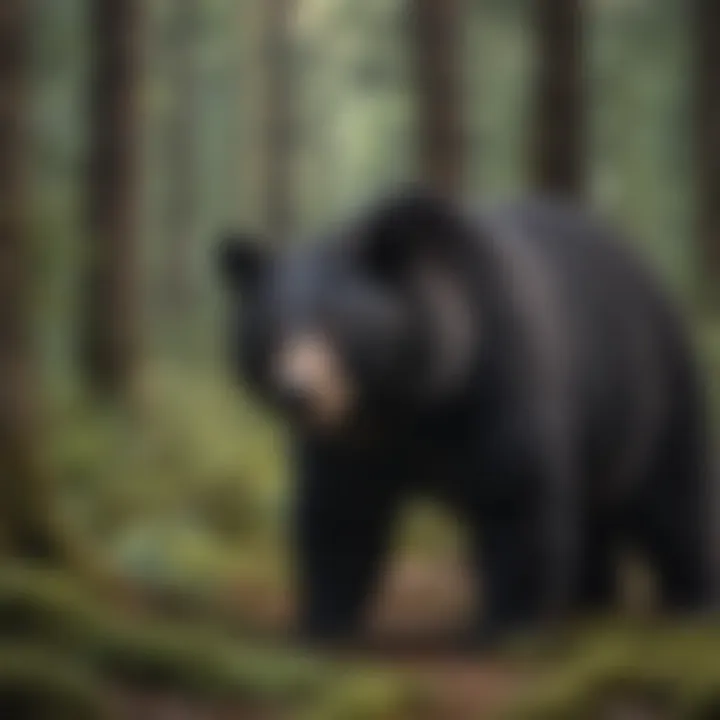 A black bear navigating through a dense forest showcasing its adaptability