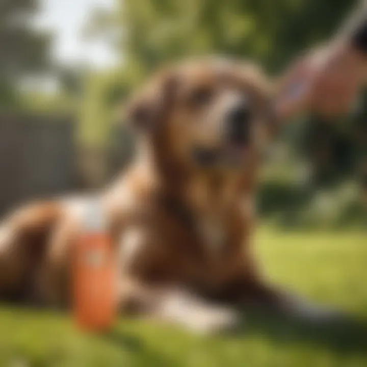 A pet owner applying chewy flea spray on their dog in a sunny garden
