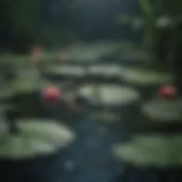 A serene aquarium showcasing vibrant lily pads amidst aquatic life