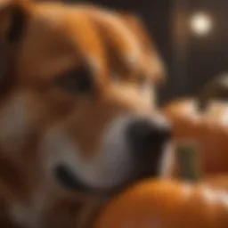 A close-up of a carved pumpkin next to a dog