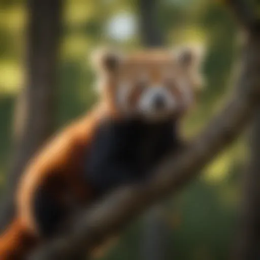 A red panda resting in a tree during the early evening light