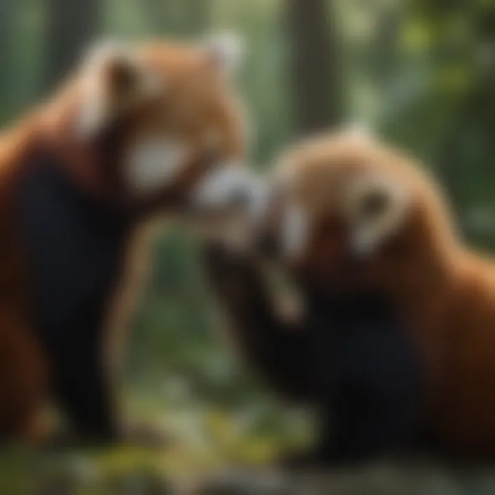 A red panda interacting with its young in a playful moment