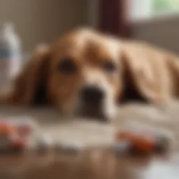 A dog lying comfortably with a pill bottle nearby