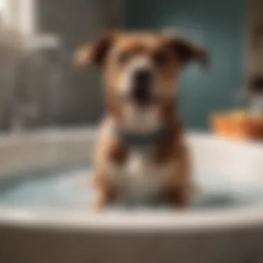 A satisfied dog enjoying a bath with a specialized hose designed for pets