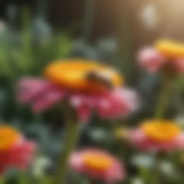 Close-up of bees pollinating bright flowers in a colorful garden.