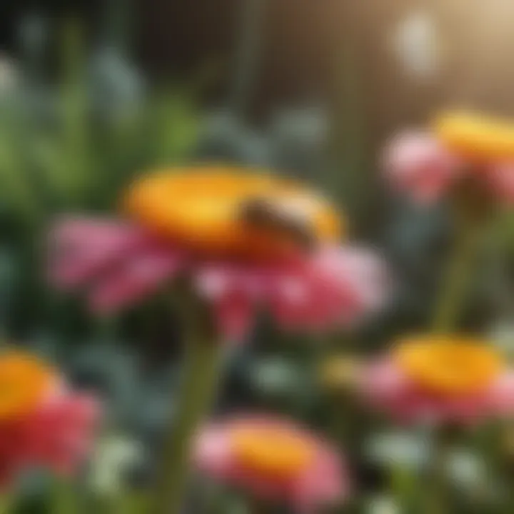 Close-up of bees pollinating bright flowers in a colorful garden.
