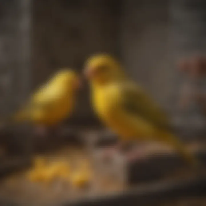 Interior layout of a canary cage, featuring perches, toys, and feeding stations.