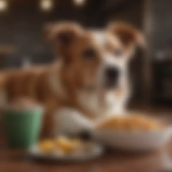 Dog lying comfortably after a meal, looking content
