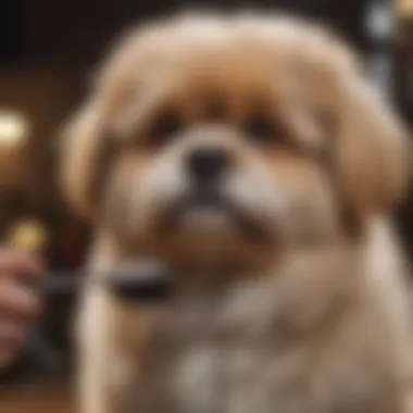 A fluffy dog being groomed with a brush.