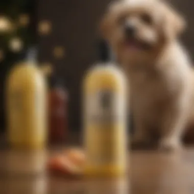 Close-up of dog shampoo bottle with natural ingredients.