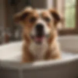 A happy dog enjoying a bath with lathered shampoo