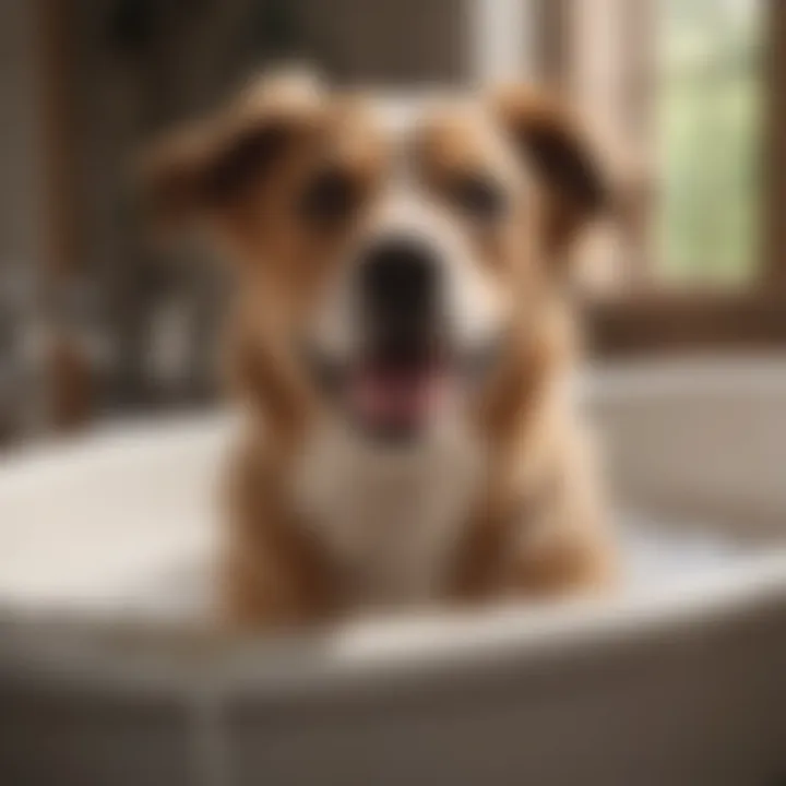 A happy dog enjoying a bath with lathered shampoo