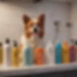 A variety of dog shampoos displayed on a bathroom shelf