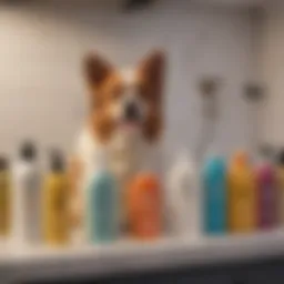 A variety of dog shampoos displayed on a bathroom shelf