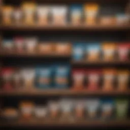 A variety of low fat dog food bags displayed on a shelf
