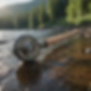 Fly Fishing Equipment in Nature Close-up of a fly fishing rod and reel set against a river backdrop