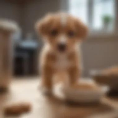 A puppy showing curiosity towards a bowl of food