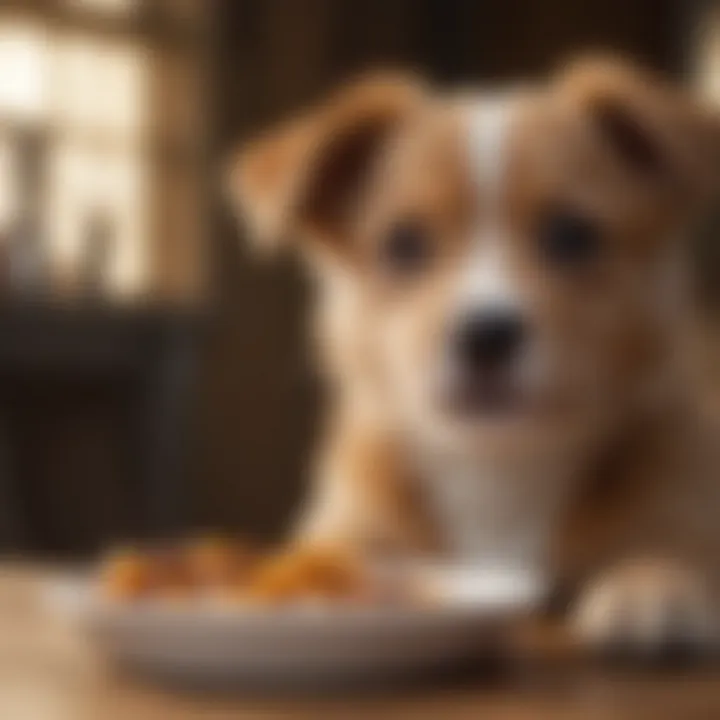 A satisfied puppy enjoying a meal with wagging tail