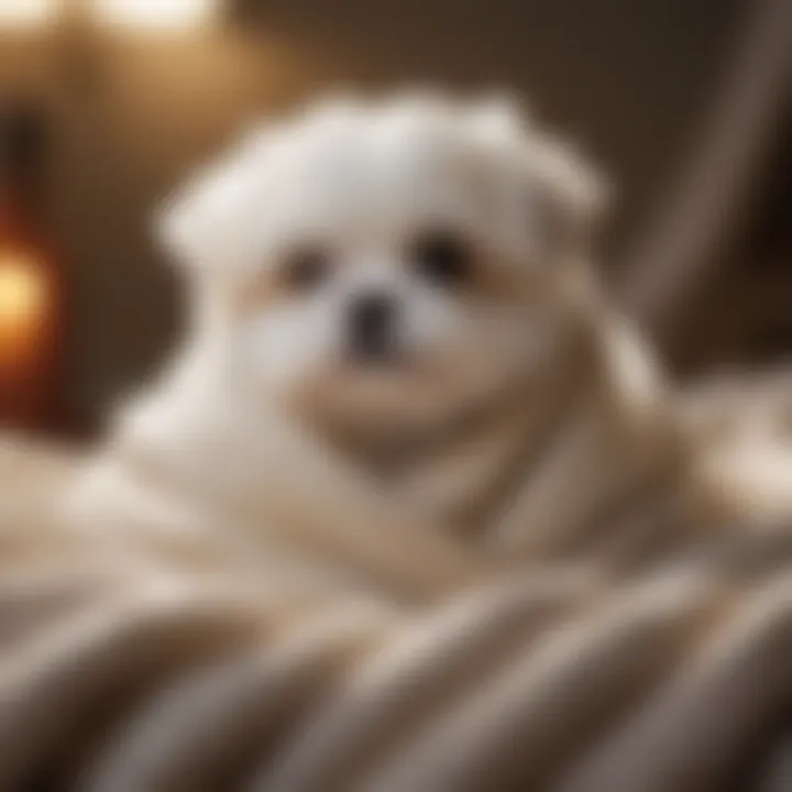 A tiny teacup Maltese sitting on a cozy blanket, exuding charm and affection.