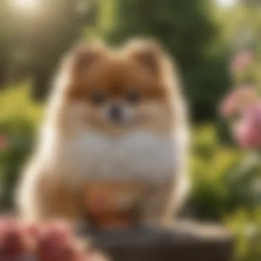 Teacup Pomeranian: Fluffy Elegance An elegant teacup Pomeranian flaunting its fluffy coat in a sunlit garden.