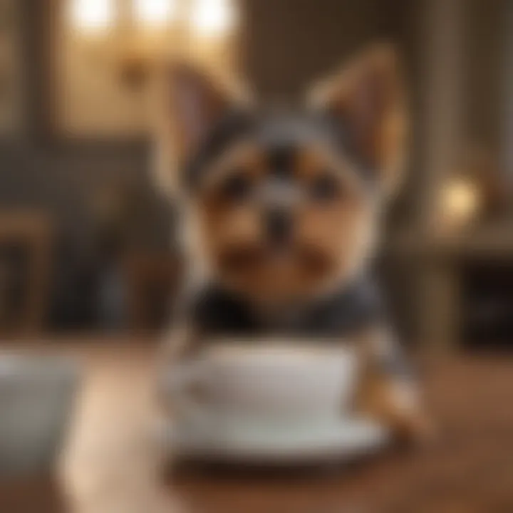 A playful teacup Yorkshire Terrier engaged in a fun activity, highlighting its energetic nature.