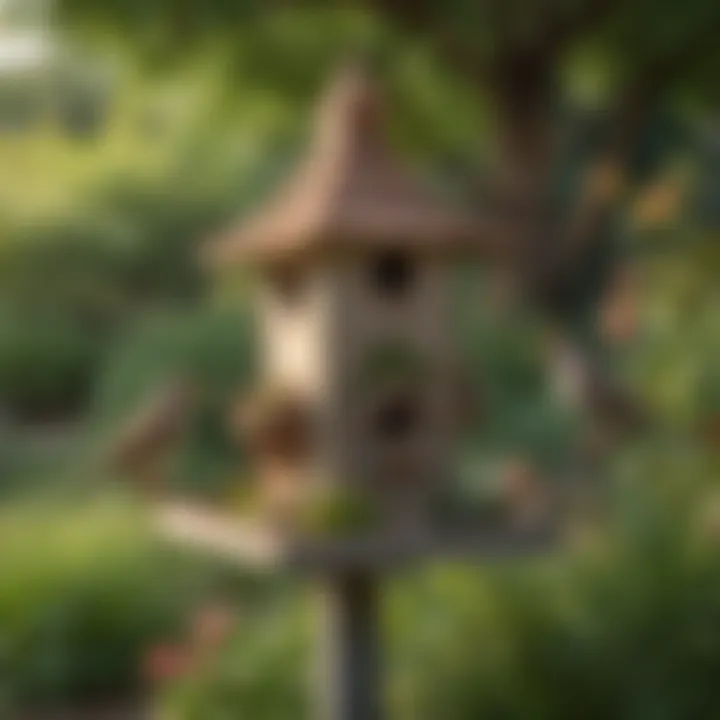 Birdhouse located in a garden setting, illustrating optimal placement for attracting sparrows and finches.