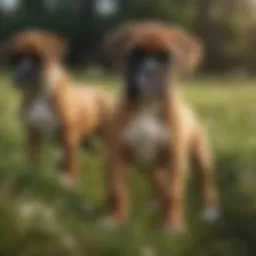 Playful Boxer puppies in a grassy field