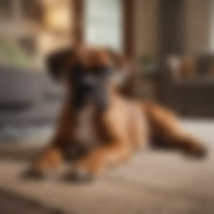 A cozy living room with a Boxer puppy resting