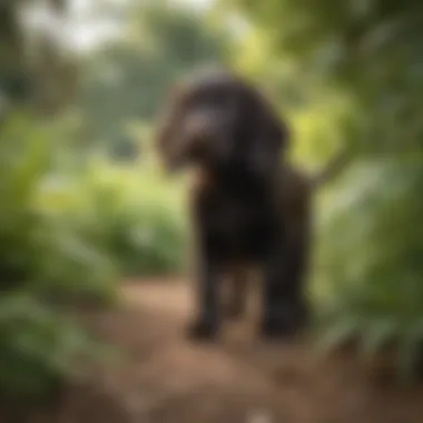 A playful Boykin Spaniel puppy exploring its surroundings in a lush Florida garden