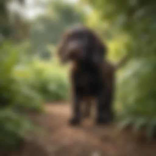 A playful Boykin Spaniel puppy exploring its surroundings in a lush Florida garden