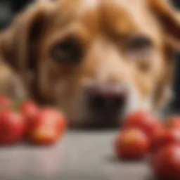A close-up of a strawberry with a dog in the background, showcasing the fruit's bright color.