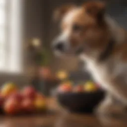 A dog curiously looking at a bowl of mixed fruits