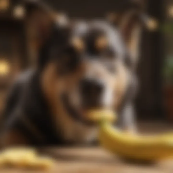 A dog enjoying a small piece of banana