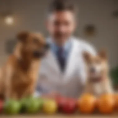 A veterinarian examining a dog with fruit illustrations in the background