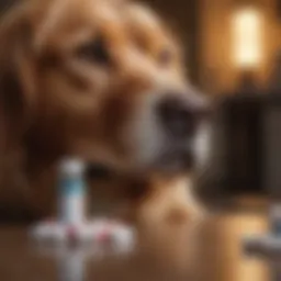 Close-up of a dog with a pill bottle