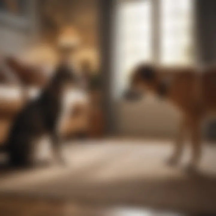 A playful dog interacting with a cat in a cozy living room setting.
