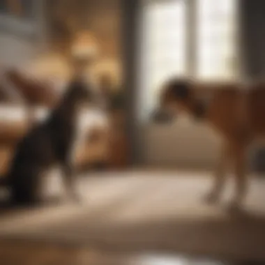 Inter-species Playfulness A playful dog interacting with a cat in a cozy living room setting.