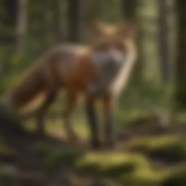 A vibrant red fox stealthily navigating through a forest