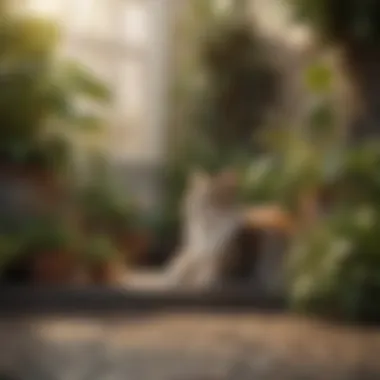 A cozy outdoor space featuring a cat lounging near various plant arrangements