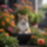 A stylish cat garden planter with vibrant flowers and a playful feline