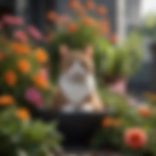 A stylish cat garden planter with vibrant flowers and a playful feline