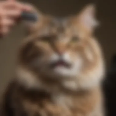 A cat being groomed with a slicker brush