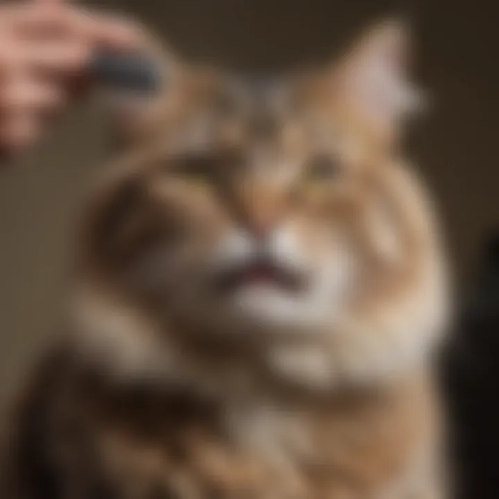 A cat being groomed with a slicker brush