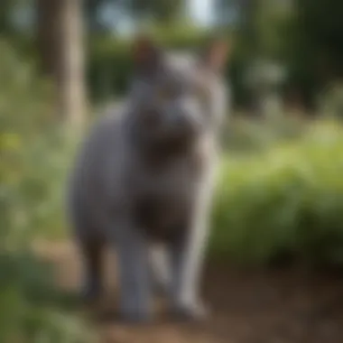 Chartreux Cat Exploring Outdoors An outdoor scene with a Chartreux cat playfully exploring a garden.