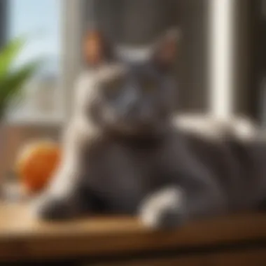 A Chartreux cat lounging comfortably in a sunlit room, highlighting its calm demeanor.