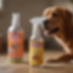 A detailed view of chewy flea spray bottle with a pet in the background
