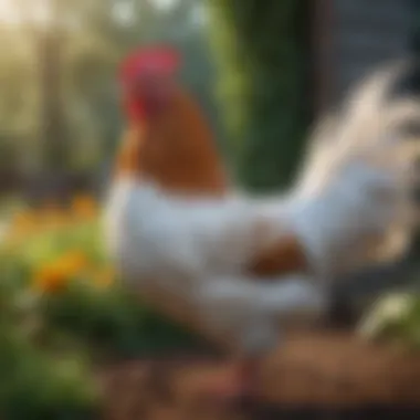 Ornamental chicken breed with striking appearance in a garden setting