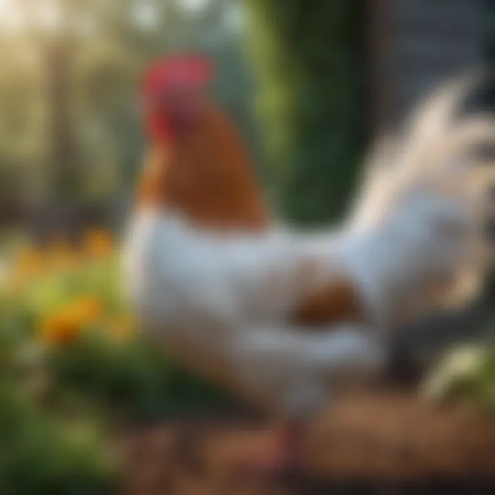 Ornamental chicken breed with striking appearance in a garden setting