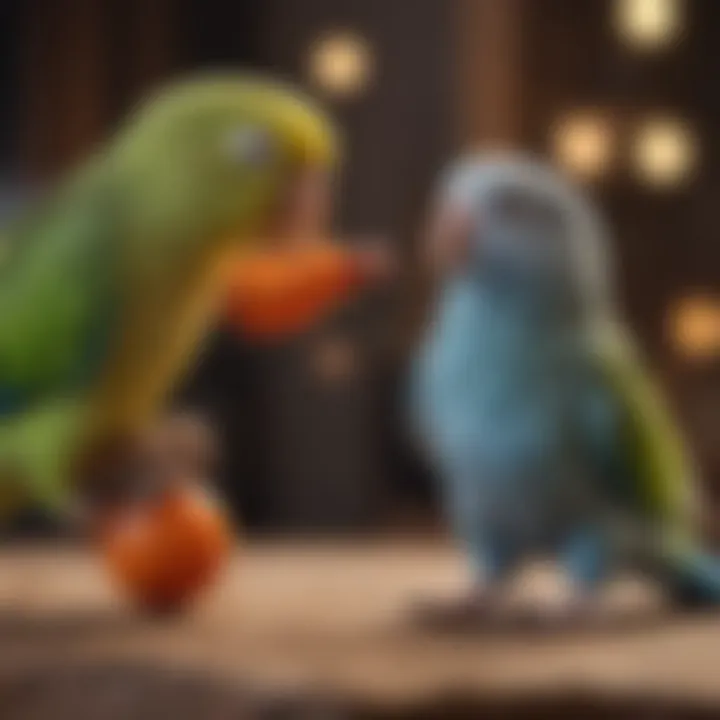 Parakeet playing with a climbing toy