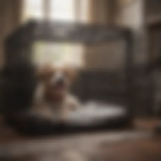 A spacious dog crate with a comfort blanket inside